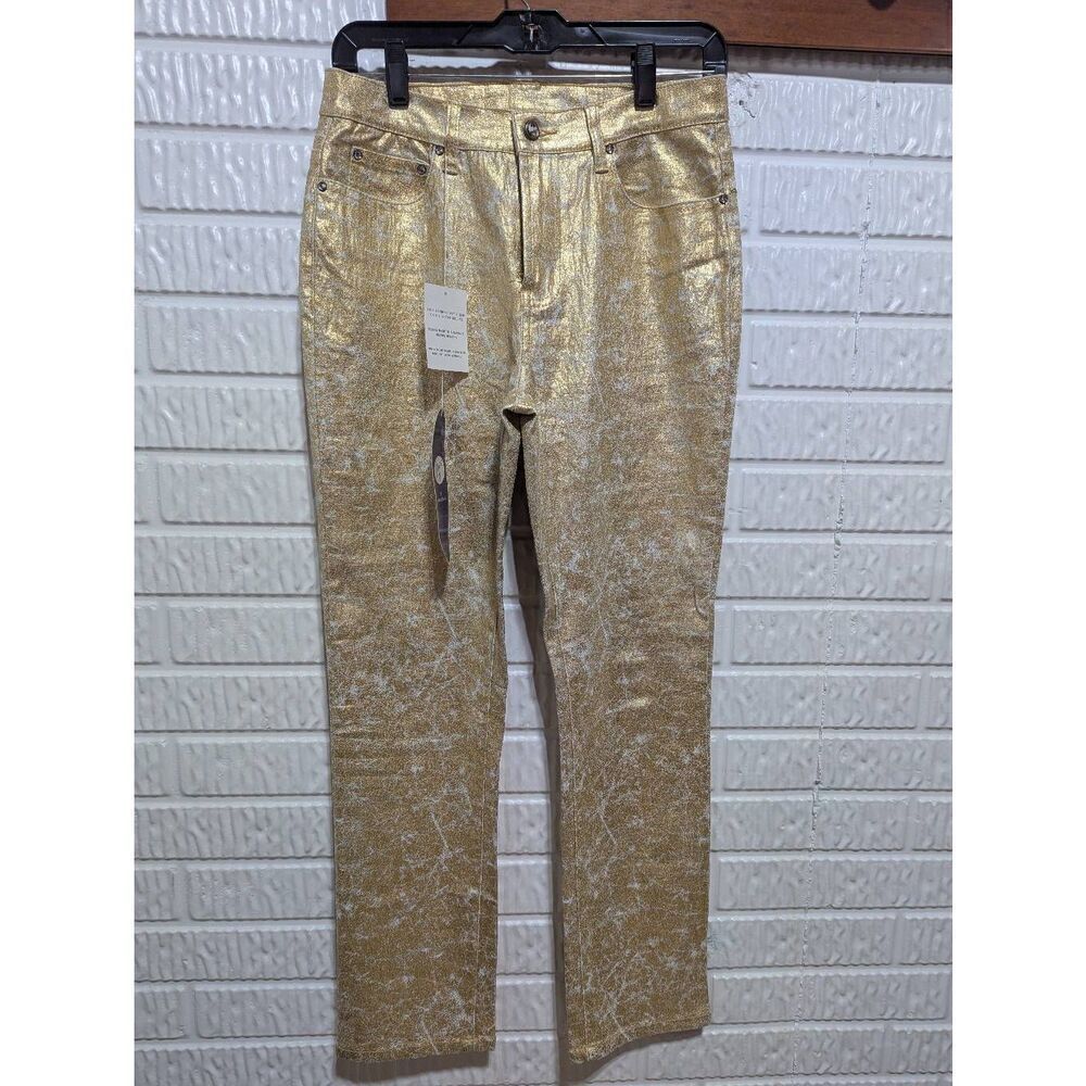 DG2 by Diane Gilman Women's Gold Metallic Distressed Jeans Size 6 NWT